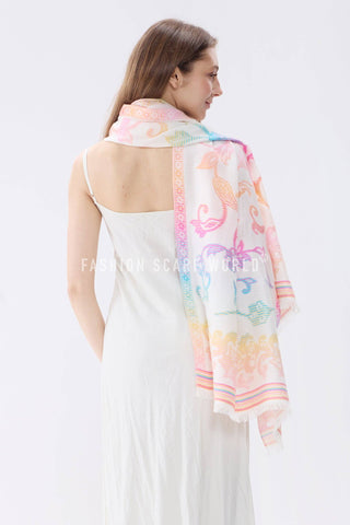 Ombre Floral Print Cotton Frayed Scarf: Cream