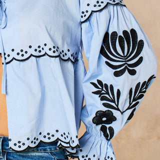 Embroidered Floral Front Tie Cotton Shirt in Denim Blue