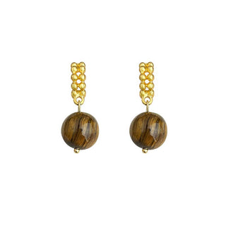 Natural Stone Sphere Drop Earring in Brown & Gold