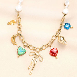 Stainless Steel Vintage Charm and Pearl Chunky Necklace Gold