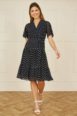 Yumi Navy Dot Print Mesh Stretch Midi Skater Dress: Navy