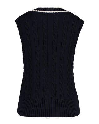 CONTRAST COTTON CABLE V-NECK VEST EVENING BLUE