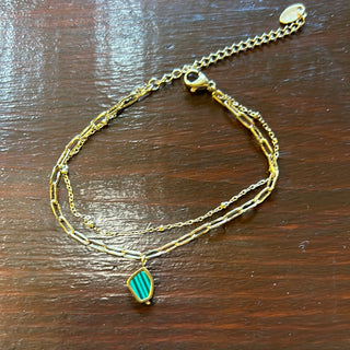 Double chain bracelet with pendant in gold & green