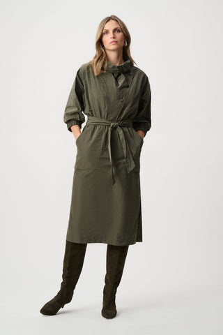 Memory Fabric Cowl-Neck Belted Dress