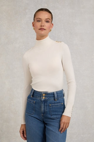 Buttoned Knit Roll Neck Cream