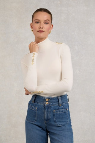 Buttoned Knit Roll Neck Cream