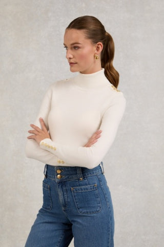 Buttoned Knit Roll Neck Cream