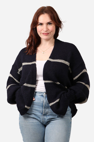 Navy Blue Silver Cardigan with Thin Stripe