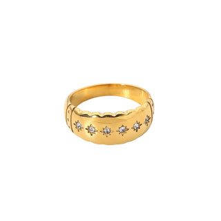 Star Stamped Cubic Zirconia chunky ring in gold